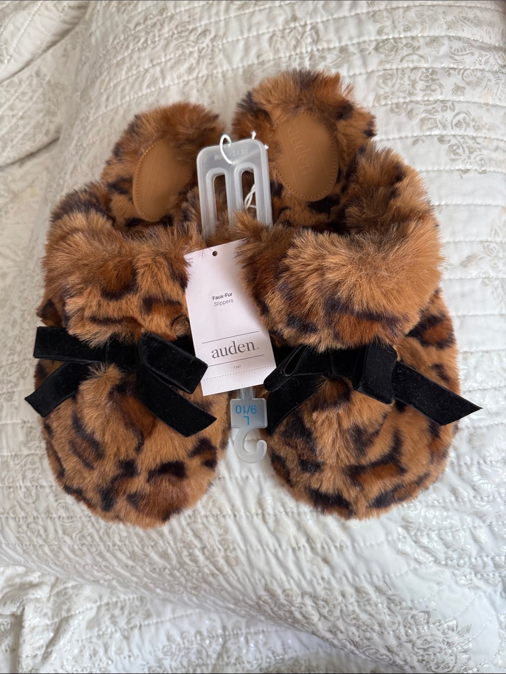 Auden Leopard Faux Fur Slippers with Black Velvet Bows